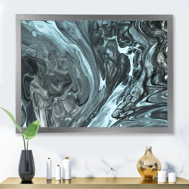 Gris et turquoise liquide, art abstrait sur toile, Cadre argenté, H 13,5 po x l 21,5 po x P 1 po