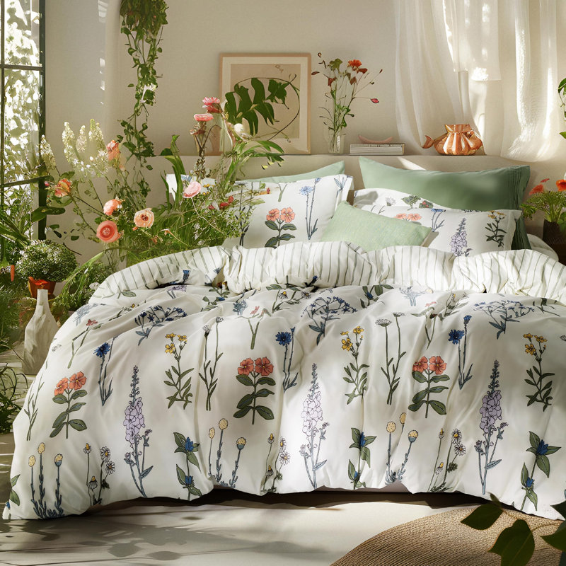 Ensemble d'édredon Literie Floral, Feuilles vertes sauge, Édredon double + 2 taies décoratives standards