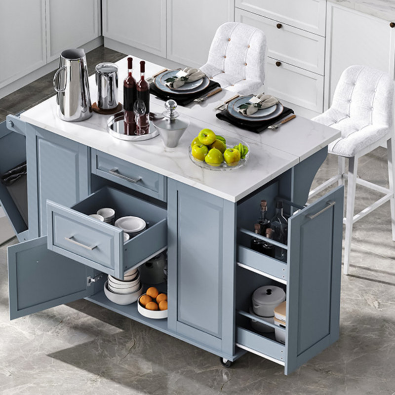 Îlot de cuisine à roulettes de style rétro avec rangement, poubelle inclinable et abattant pour une fonctionnalité accrue et un attrait esthétique