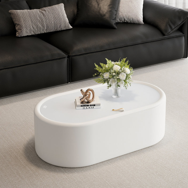 Table basse de rangement ovale cachée 33,46 po - Plateau en verre trempé certifié 3C et table basse de rangement blanche moderne en cuir de qualité supérieure pour le salon