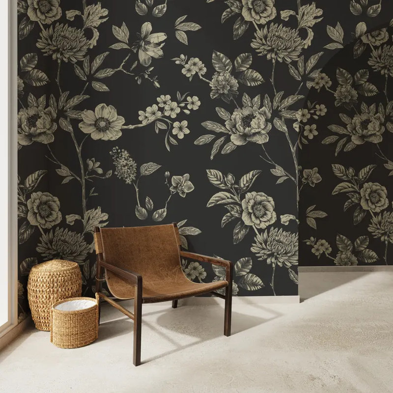 Nocturne Botanica - Floral rétro sur, L 108 po x l 96 po