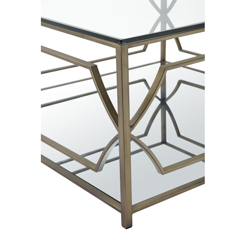 Pangea Home Edward Square Coffee Table - 4 Legs Modern/Glam Coffee Table with Storage - Modern Square Coffee Table – Tempered Glass Top with Brass Steel Frame for Living Room, Bedroom, and Office - Brass Square Coffee Table
