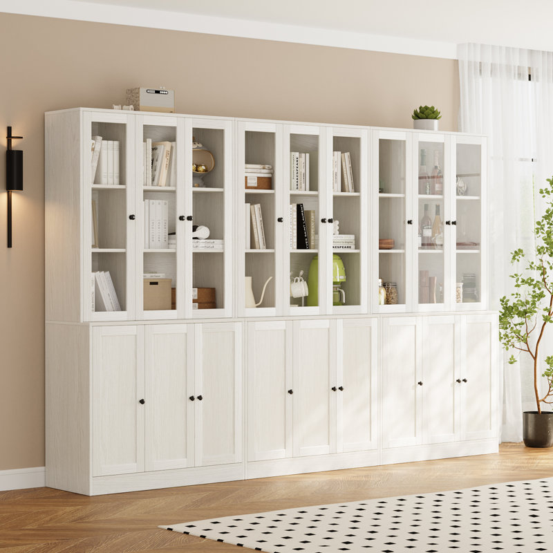 106.3" W Book Cabinet Storage Bookcase, 5-Tier Modern Bookshelves With 18 Doors, White