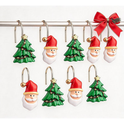 Rust Proof Shower Curtain Hooks, Set of 12 Decorative Metal Shower Curtain Rings with 6 Santa Claus and 6 Christmas Tree, Rust Resistant Bath Curtain Hooks for Bathroom