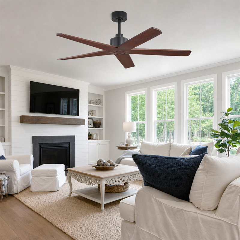 Ventilateur de plafond standard à 5 pales en bois massif avec fixation à la tige verticale à 7 vitesses, Noir, 64, Walnut
