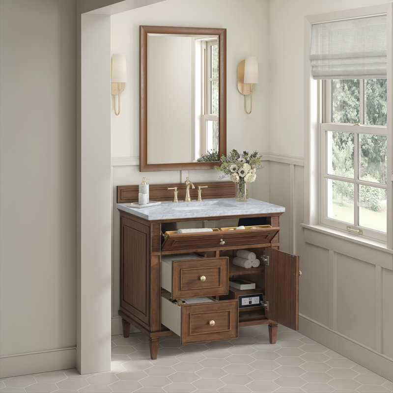 Ensemble de meuble-lavabo simple 36 po Lorelai, Noyer style Mid-Century, Blanc de Carrare, 8 po