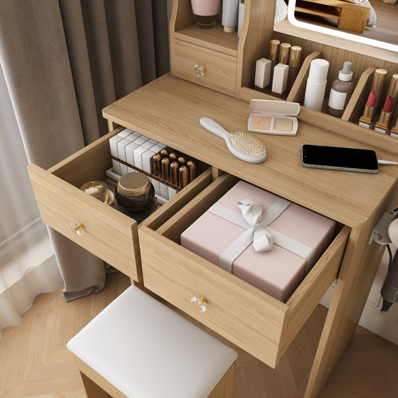 Bureau de coiffeuse compact avec éclairage à DEL réglable, rangement et fauteuil, Natural Walnut