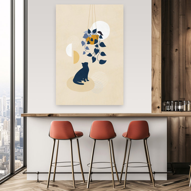 Curious Cat Under Plant Abstract Minimalist Modern Cat Nature Plant Wall Art Print by Dominique Vari - Wrapped Canvas Print