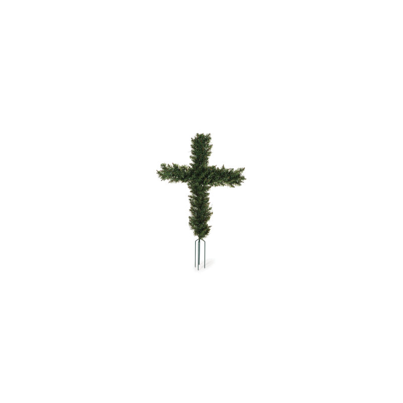 Couronne de pin artificielle verte en forme de croix avec piquets de sol - non éclairée