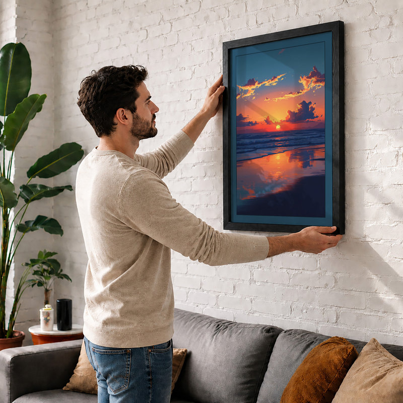 Sunset Over Calm Waters Coastal - Print, A2 - 59.4 x 42.0 cm, Oak