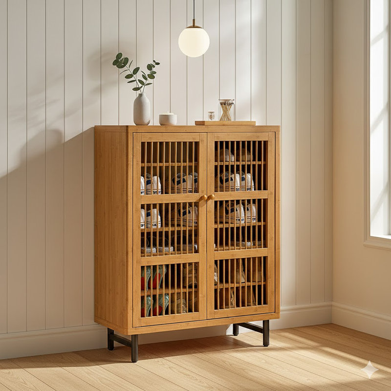 Armoire à chaussures avec portes à volets, armoire à chaussures à 6 niveaux avec tablettes réglables, range-chaussures moderne en bois pour hall d'entrée, couloir, placard, salon, noyer