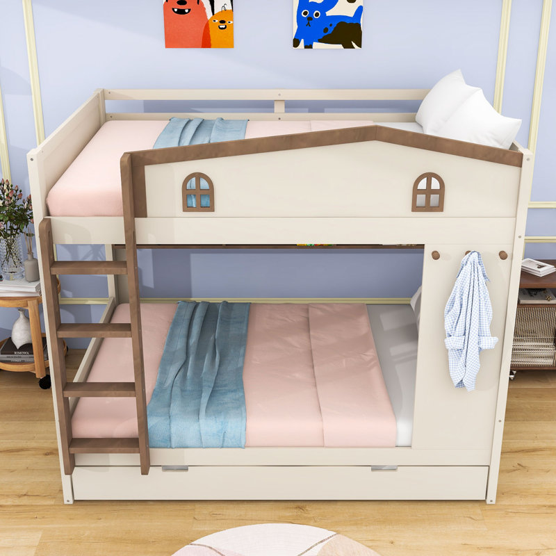 Lit superposé en bois avec lit gigogne et tablettes intégrées, Grand sur grand, Naturel beige