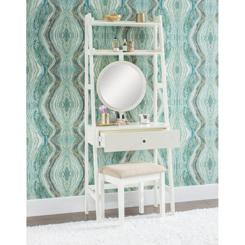 Amrico Makeup Vanity With Fixed Mirror and Upholstered Stool