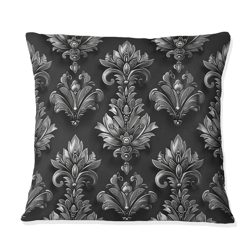 Imprimé damassé noir et argent II - coussin décoratif traditionnel, H 16 po x l 16 po