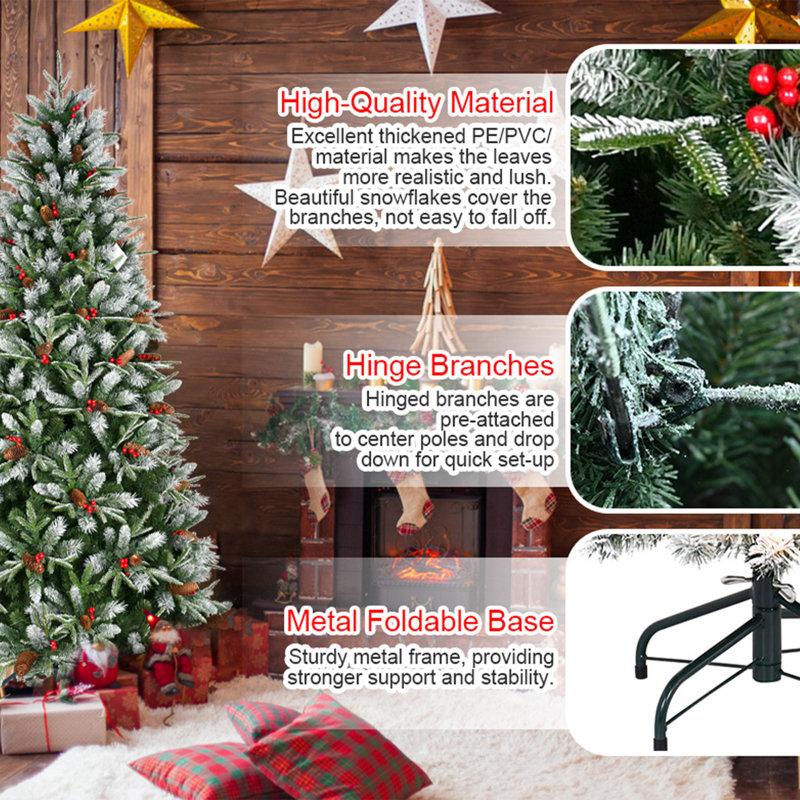 5 pi. Arbre de Noël 1131 pointes avec baies rouges et pommes de pin, branches en PE + PVC saupoudrées de neige, conception à charnières pour une installation facile, arbre de Noël artificiel sur pied en métal robuste - décoration d'arbre de Noël naturelle