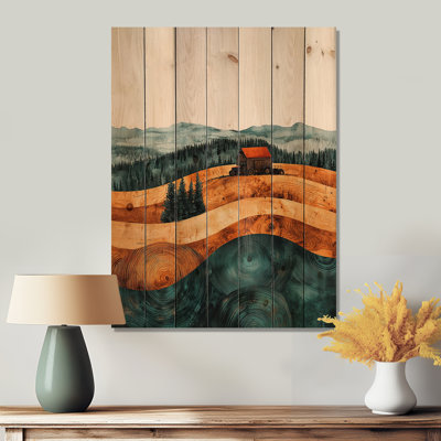 Barn With Tractor Landscape On A Top Of The Valley - Farm Wood Print - On Natural Pine Wood