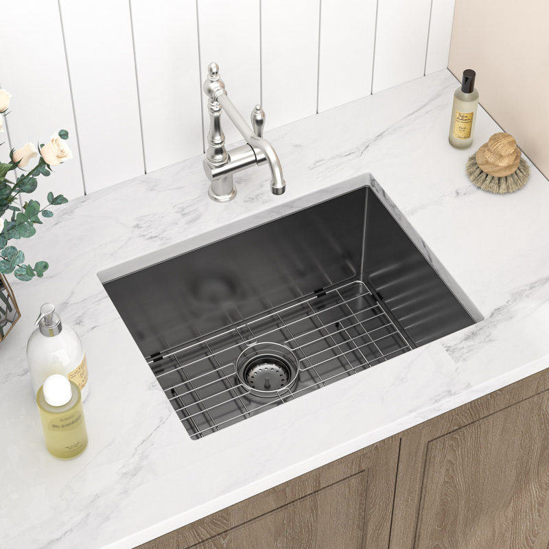 24"L x 18"W Laundry Sink Undermount Quartz Single Bowl Utility Sink with Bottom Grid, Black
