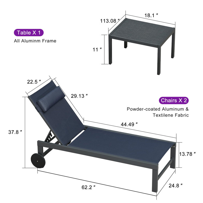 Ensemble de chaises longues inclinables en aluminium et en métal l 24,8 po avec roulettes (ensemble de 3) , Marine