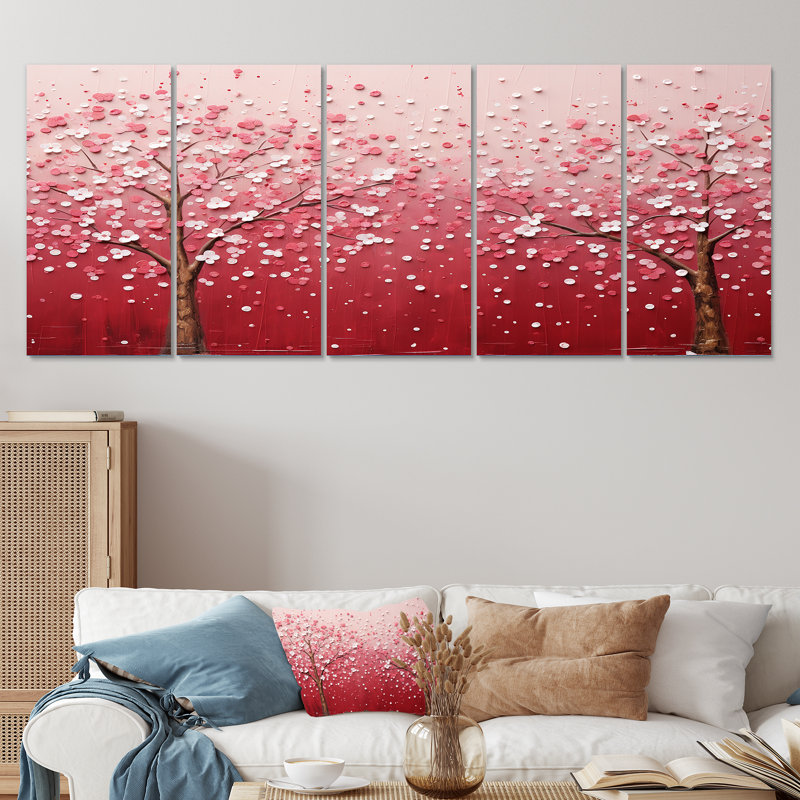 «Rose and White Cherry Blossom Tree I», art mural 5 pièces, H 28 po x l 60 po
