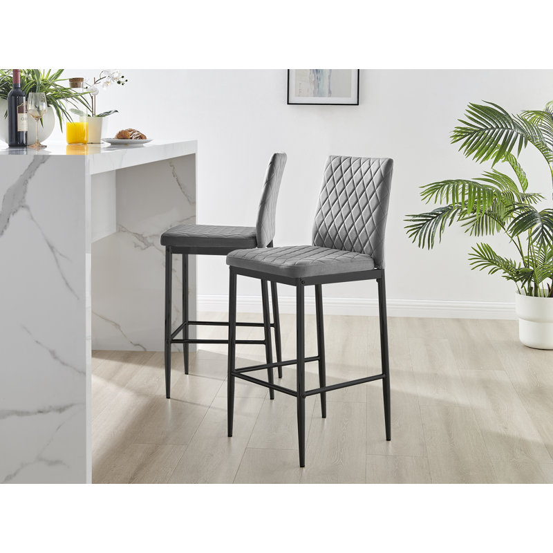 Kenesaw Luxury Breakfast Bar Stool in Quilted Design Velvet Black Leg - Modern Chic Kitchen, Grey