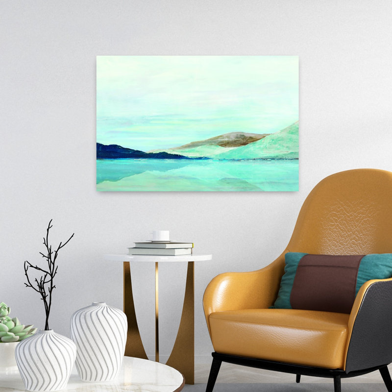 «Tranquil Waters and Distant Hills», art mural abstrait côtier, H 16 po x l 24 po