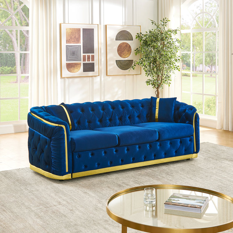 Canapé Chesterfield 84,6 pouces 3 places, H 30,3 po x l 84,6 po x P 35,2 po, Navy, 3