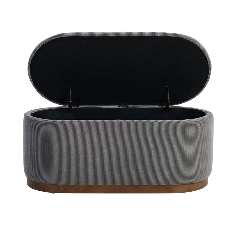 Banc de rangement à plateau relevable de style Mid-Century avec pieds en bois massif recouvert de velours côtelé gris