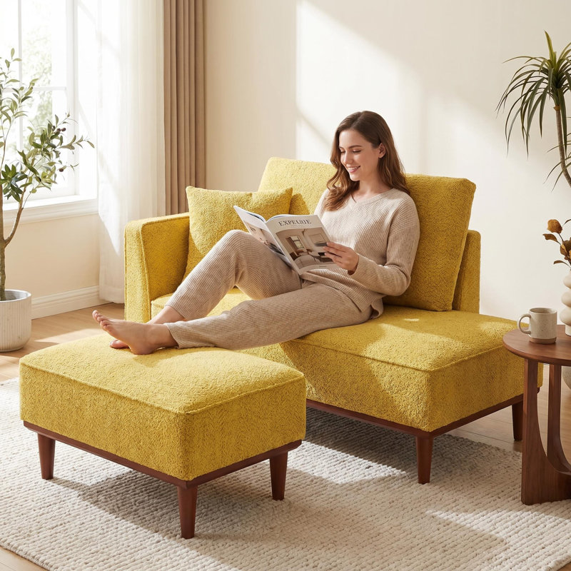Finken Upholstered Chaise Lounge and Stool, Yellow