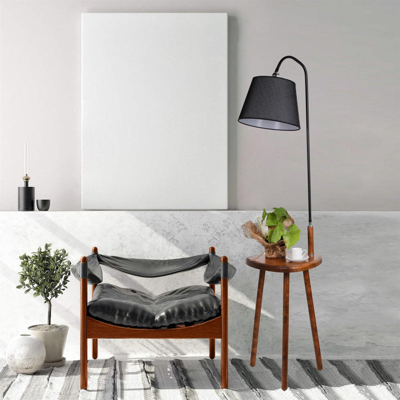 Luro Elegant Floor Lamp with Wooden Table, Black & Walnut Finish, 63.0 inches Tall | Metal Body, 14.6 x 14.6 inches Table | E27 Socket, Max 60W | On/Off Switch on Cable | Modern Design for Living Room & Office