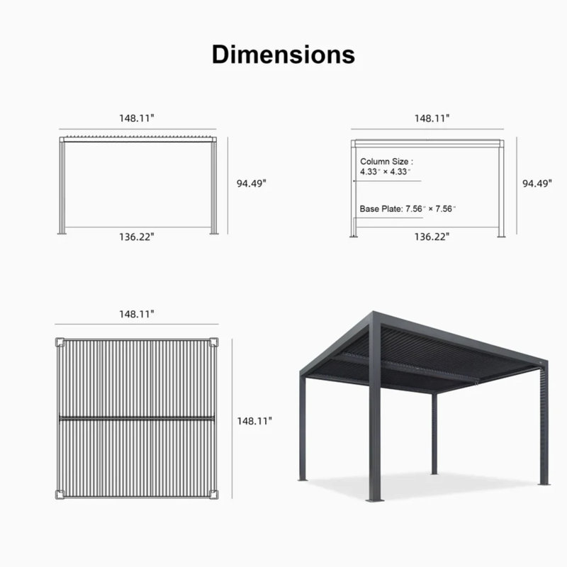 Gray Outdoor Louvered Aluminum Pergola, 12 ft. W x 12 ft. D
