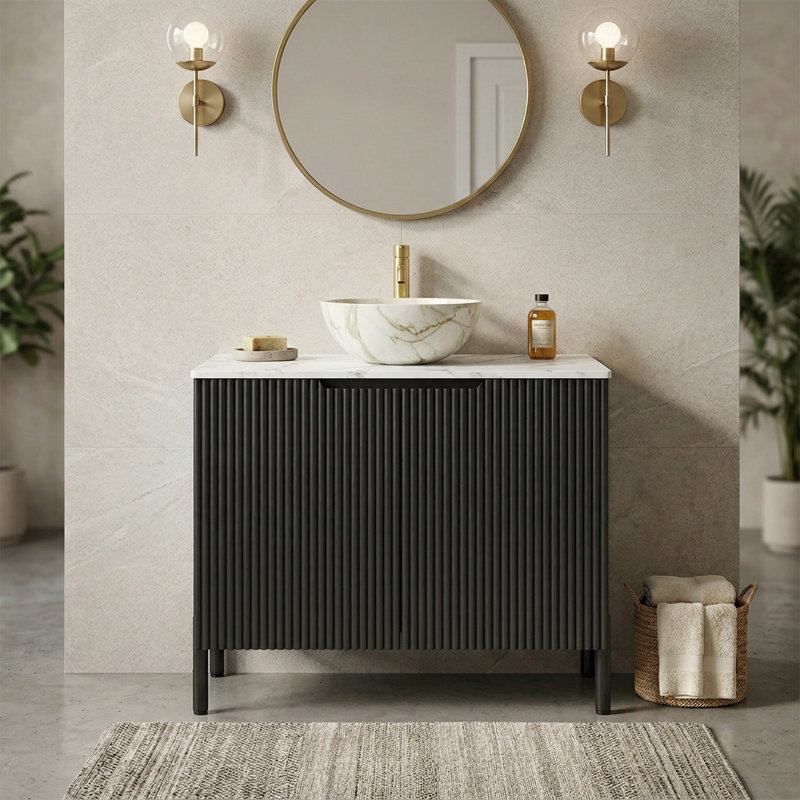 30" Freestanding Bathroom Vanity with Fluted Doors, Sintered Stone Countertop & Vessel Sink, Soft-Close Storage Cabinet