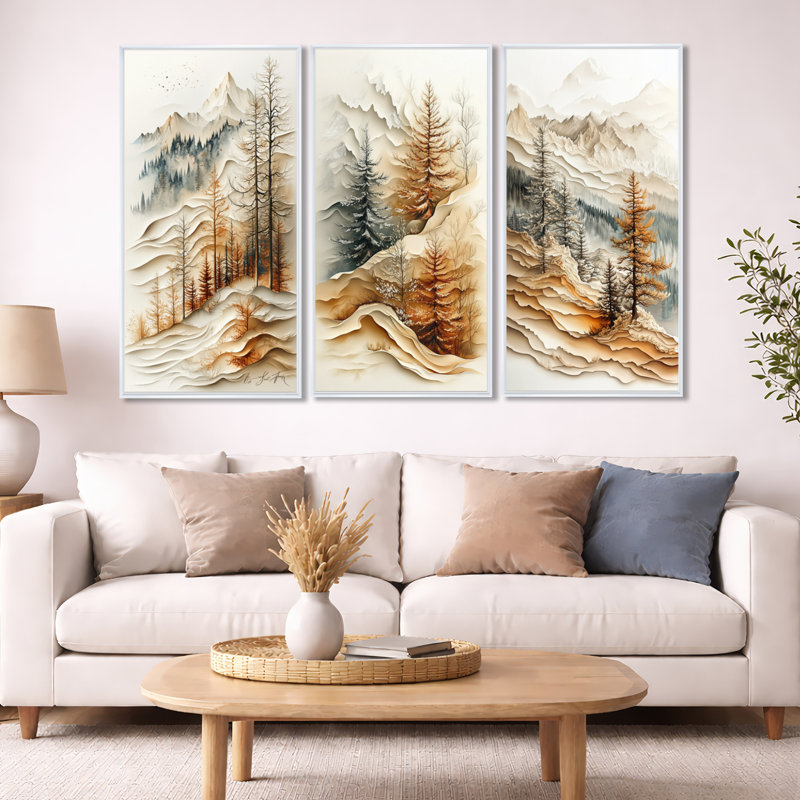Orange Calm Pine Mountain Layers – Beige Mountain 3 Piece Framed Canvas Print, H 32 po x l 48 po, White Floater Framed