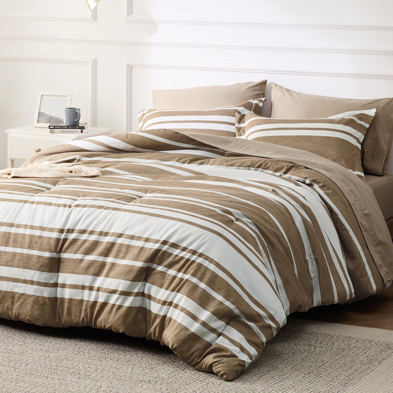 Bedsure Striped All Season Bed In A Bag, Khaki, Twin Comforter + 4 Additional Pieces