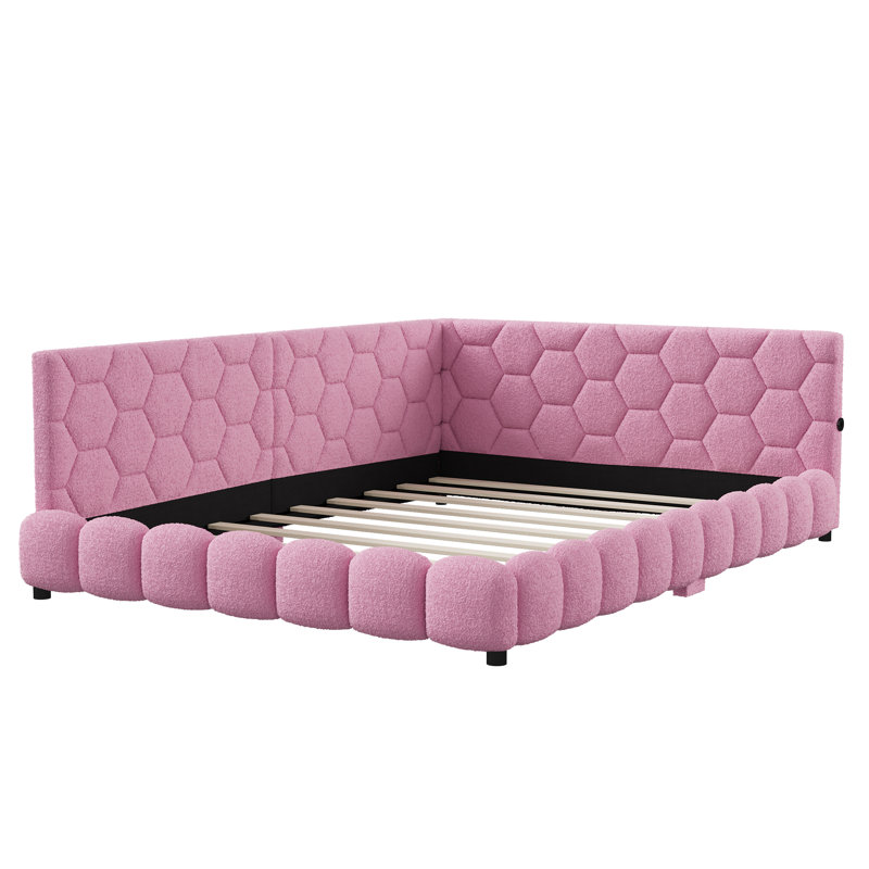 EU Double Boucle L-Shaped Daybed with LED Lights & USB Charging Station, Upholstered Smart Bed Frame, Pink & White, 140x200cm