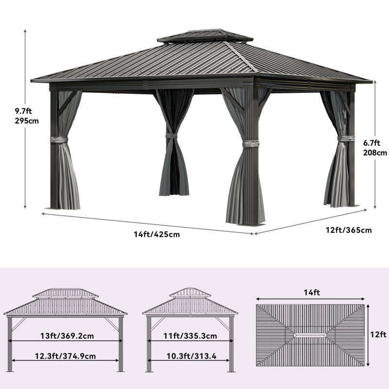 Outdoor Aluminum Hardtop Patio Gazebo with Curtain and Netting, 14 ft x 12 ft