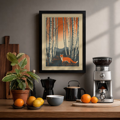 Fox in Birch Forest Scandinavian - Framed Print
