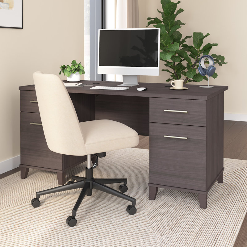 Kaionna 60” Office Desk with Drawers, Computer Office Desk with Storage, Modern Wood, Storm Gray, Storm Gray