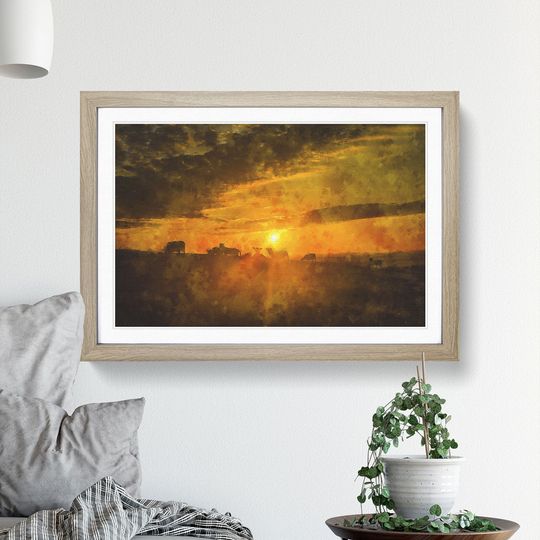 Flock Sheep and Sunset - Framed Print