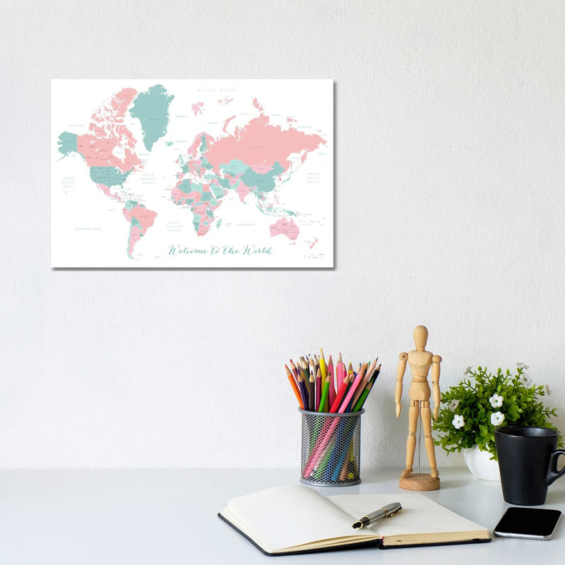 Welcome To The World World Map In Coral And Teal by Blursbyai - Gallery-Wrapped Canvas Giclée on Canvas, Canvas