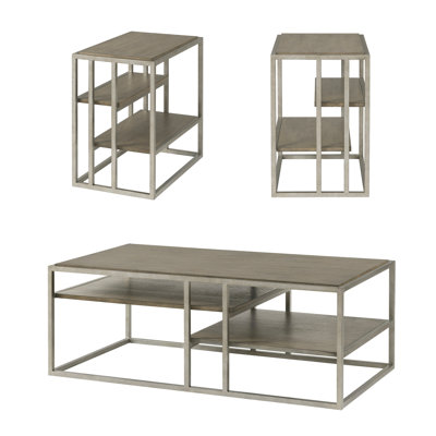 3 Table For Living Room Enhancement: Coffee  2 Chairside Tables, Metal, Wood, Brown, Rectangular, Fixed Shelves With Metal Frame And Wood: Side Brown