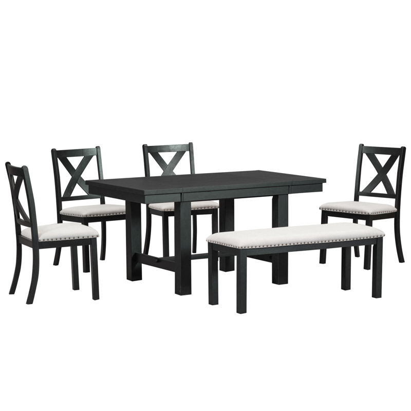 6-Piece Farmhouse 82" Extendable Dining Table Set with Footrest, 4 Beige Upholstered Chairs, Bench, and Two 11" Removable Leaves – Black Frame & Beige Cushions