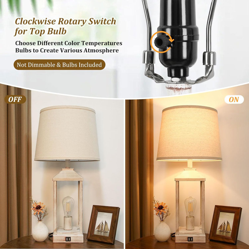 28" White Rustic Farmhouse Table Lamps Set with USB Ports