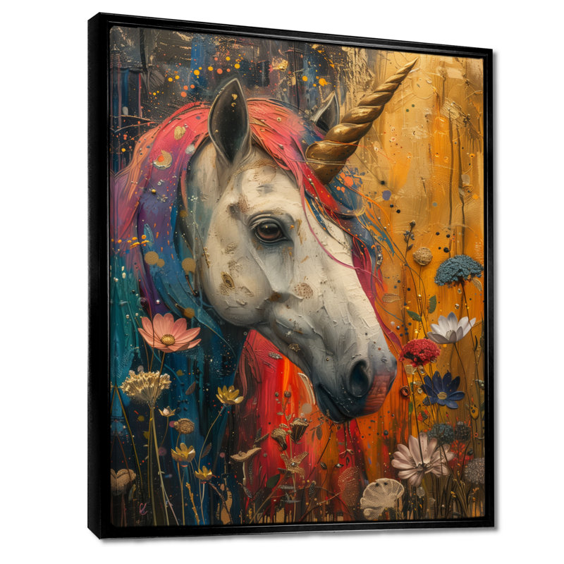 Blanc, rose, pays des merveilles, licornes II - licornes, art mural, salon, Cadre flottant noir, bois massif