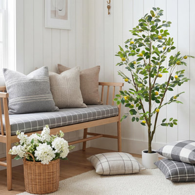 Citronnier artificiel réaliste pour l'intérieur de la maison, agrume artificiel réaliste avec pot de fleurs blanc - vert - 180 cm / 6 pi