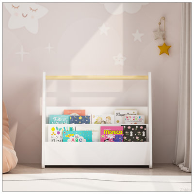 Bibliothèque pour enfants avec poignée en bois, bibliothèque pour tout-petits à 2 niveaux faisant face à l'avant, organisateur de rangement pour livres pour enfants pour chambre à coucher, salle de jeux, chambre de bébé ou salle de classe, blanc