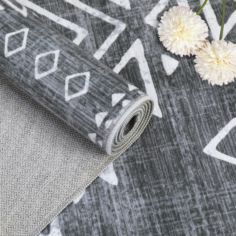 Boho Machine Washable Rug with Rubber Backing for Living Room Non-Slip Dining Room Rug Easy-Cleaning Floor Carpet for Bedroom Office Playroom_OKPHO_338N_Geometric_Gray