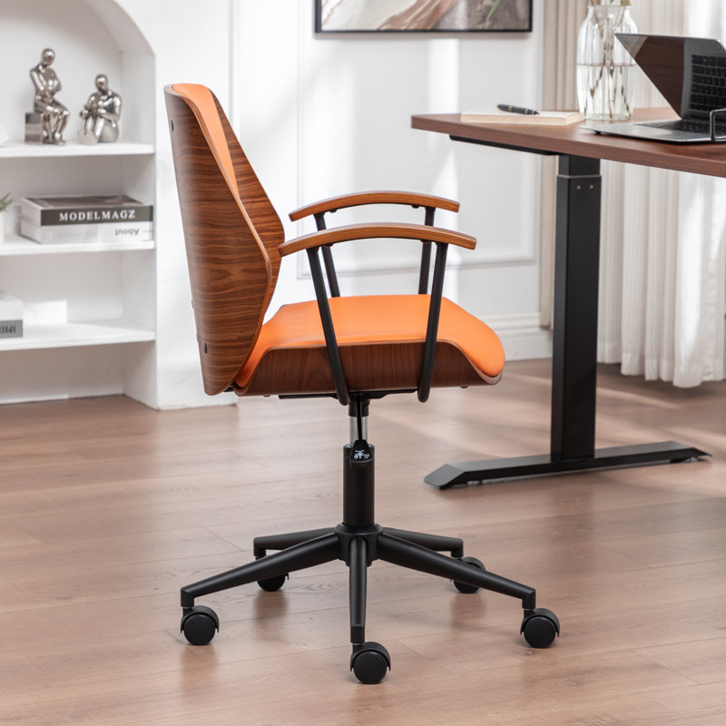Andretta Faux Leather Upholstered Office Chair With Bent Wood, Orange