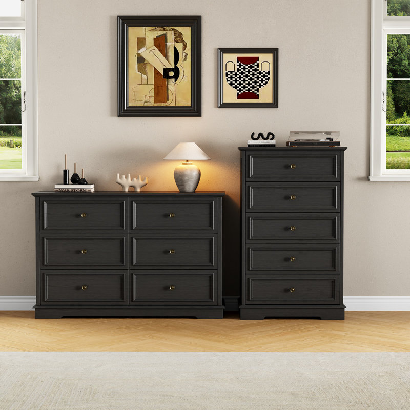 Vintage 2-Piece Set: 6-Drawer Wide Dresser And 5-Drawer Tall Chest, Black