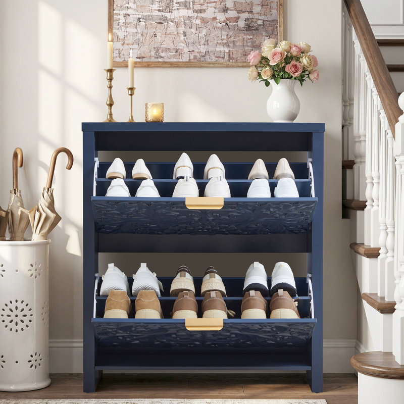 16 Pair Shoe Storage Cabinet With 2 Flip Drawers, Blue