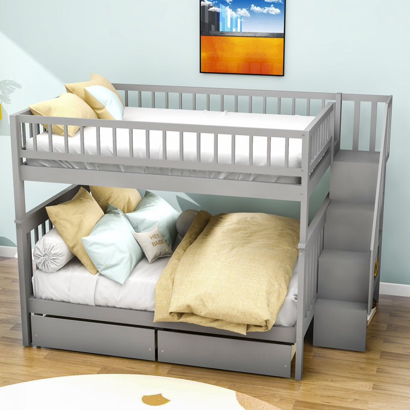 Lit superposé double en bois avec tablettes Graner Kids, gris